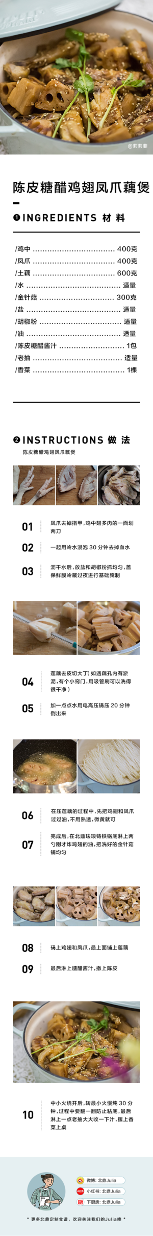 【3月北鼎珐琅铸铁锅食谱】陈皮糖醋鸡翅凤爪藕煲的做法 步骤1